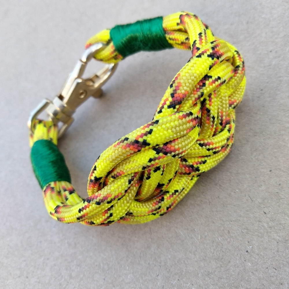 Eye Catching Braided Yellow Paracord Rope Bracelet with Green Accents Colorful